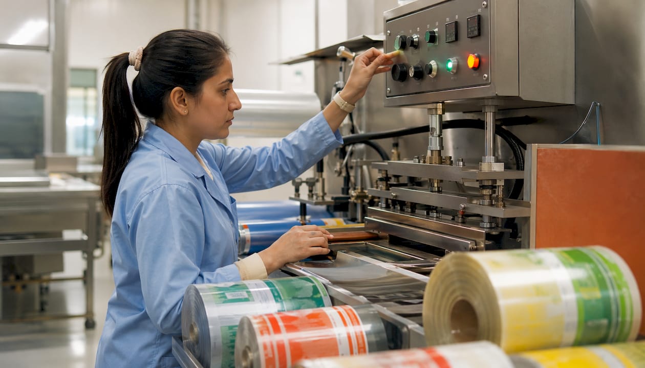 Hands adjusting heat sealing machine controls