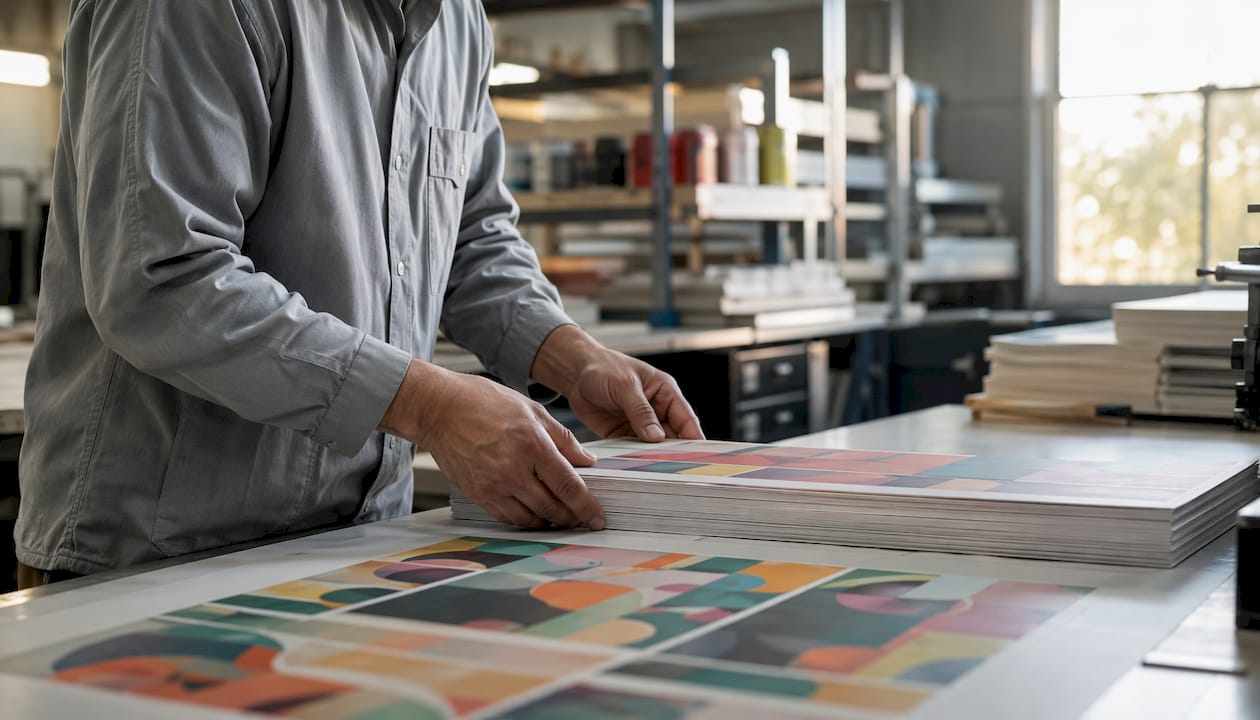 Print technician handling offset printed packaging