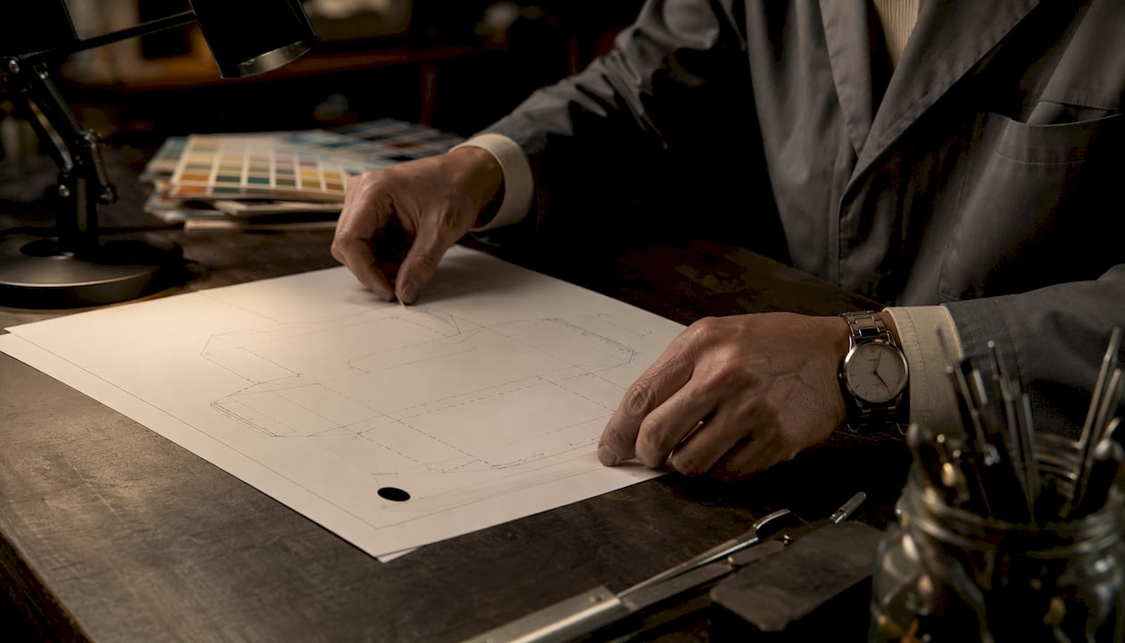 Hands adjusting packaging dieline with eye mark on workbench