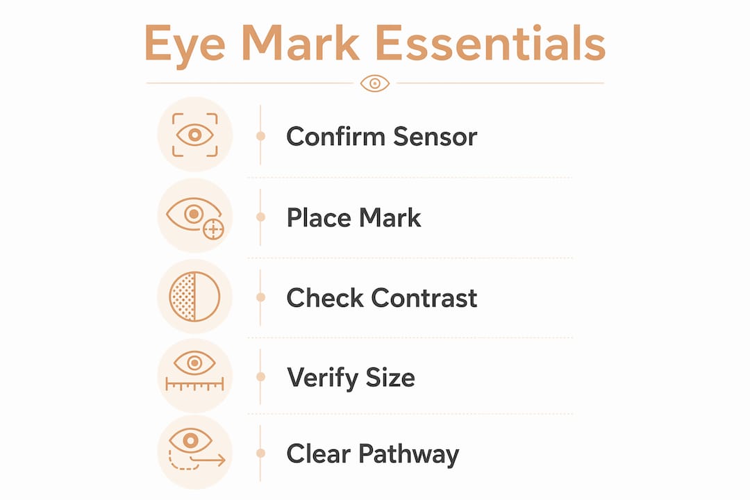Infographic illustrating key eye mark specification steps