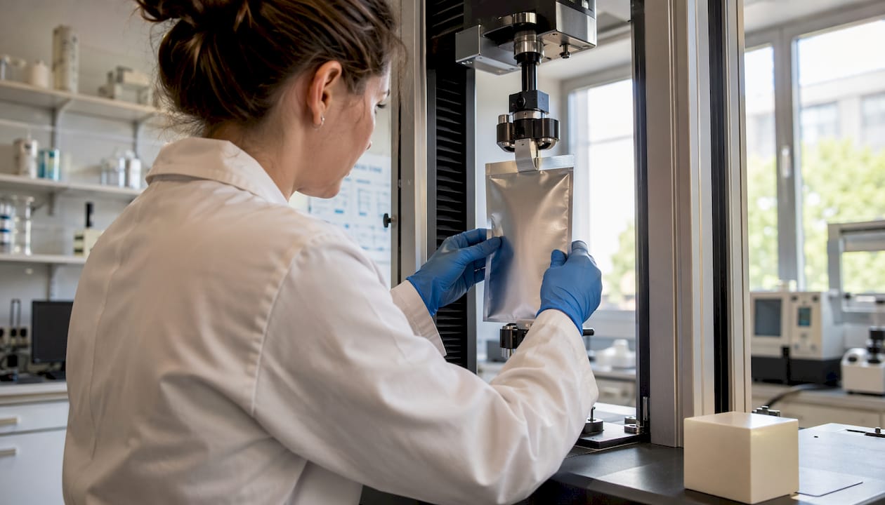 Technician testing foil pouch film thickness