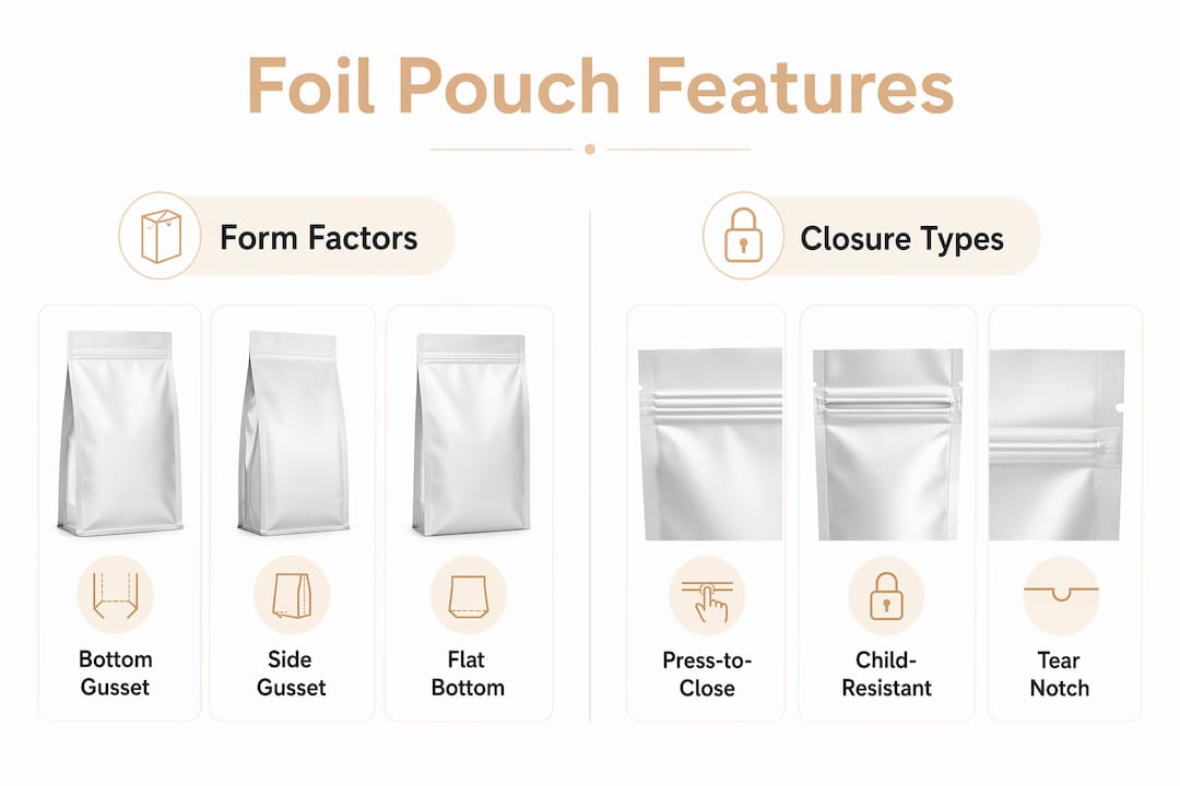 Infographic comparing foil pouch form factors and closure types