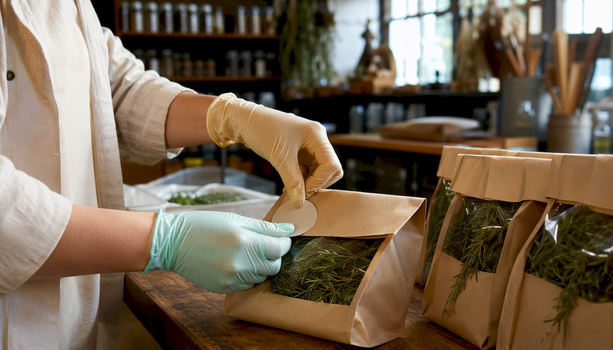 Hands applying origin label on packaged food