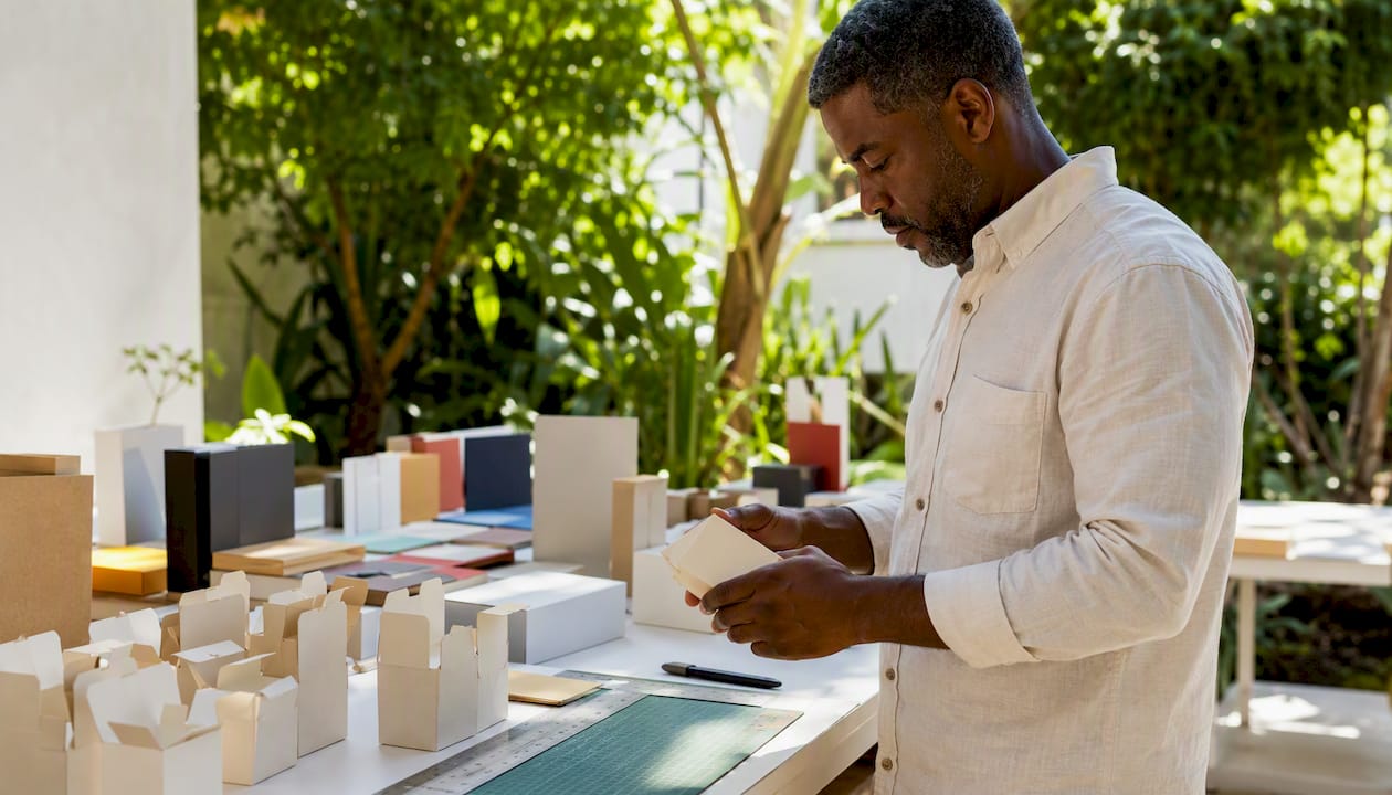 Packaging specialist handling printed carton samples