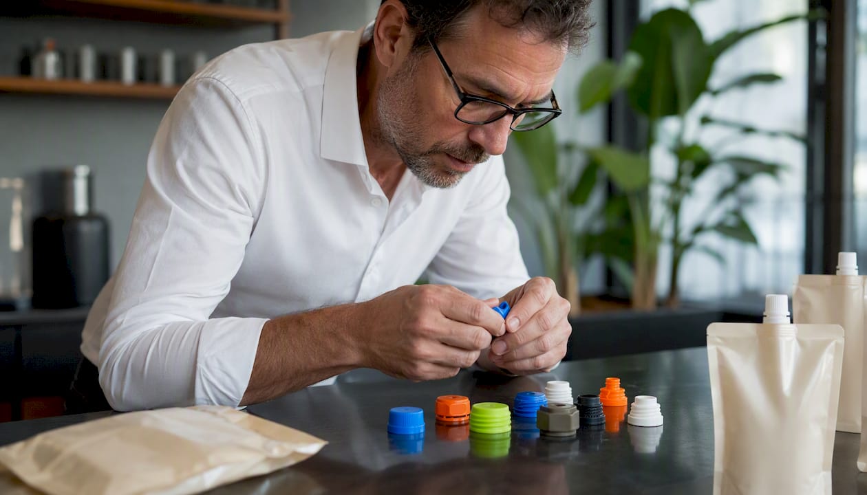 Specialist examining spout pouch cap options