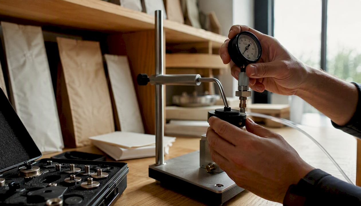 Technician measuring coffee valve pressure