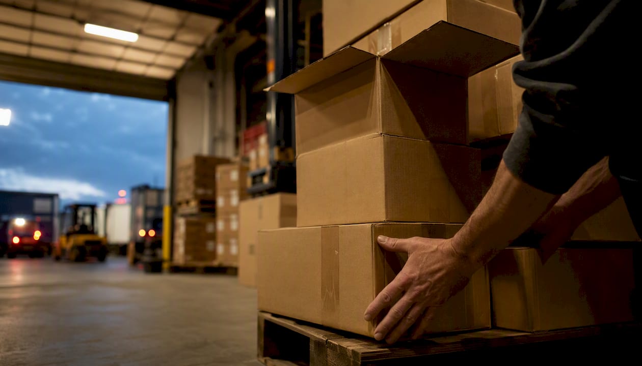 Hands stacking shipping boxes at warehouse dock
