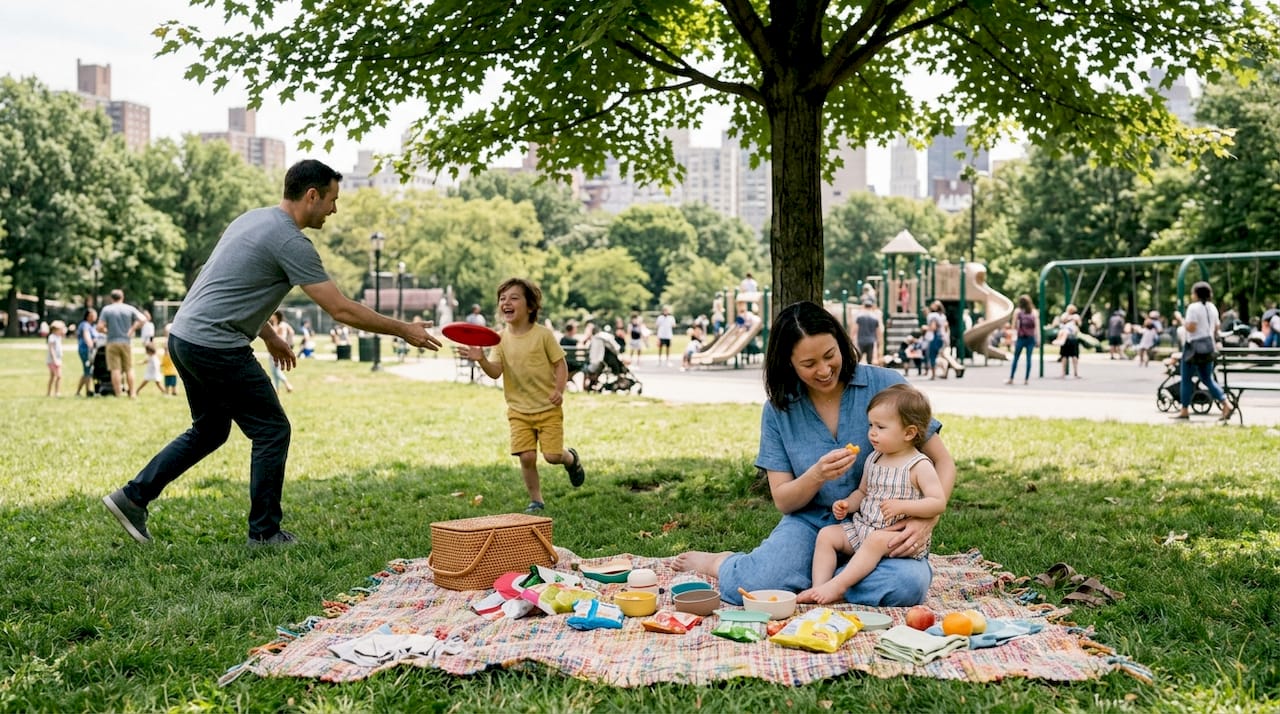 Family picnic with kids at city park playground