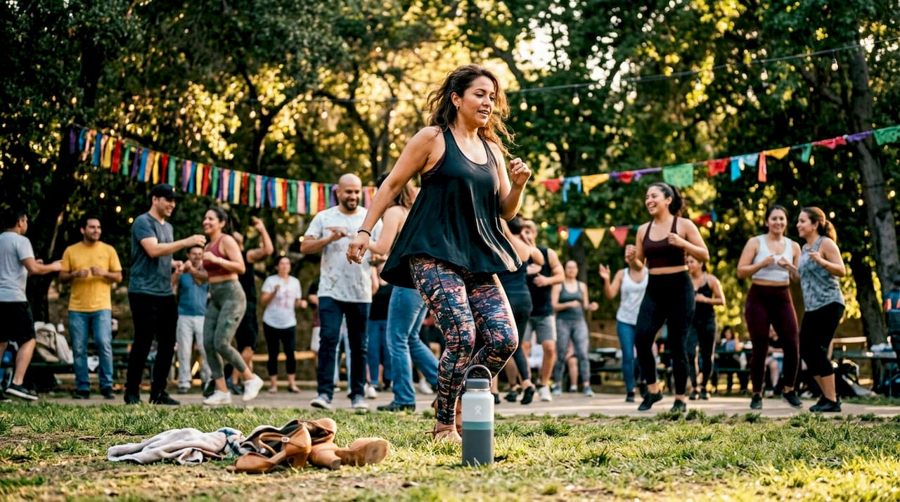 Woman learning salsa dance at outdoor community event