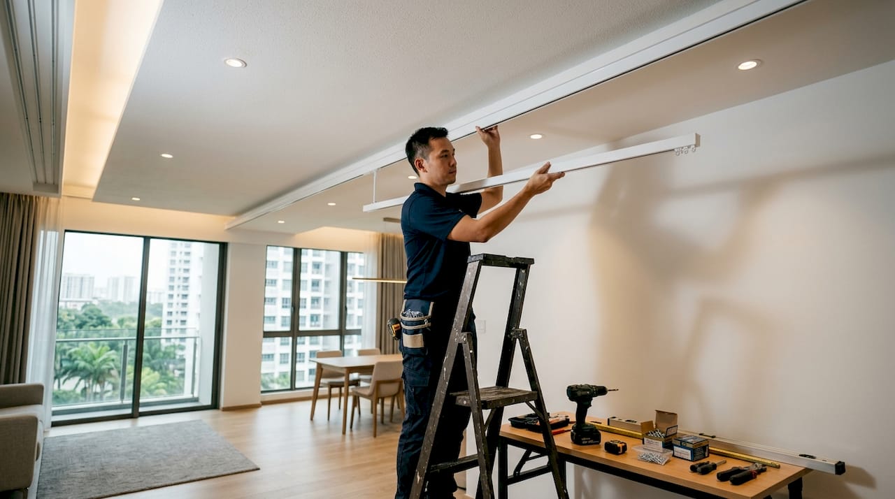 Close-up of ceiling curtain track installation