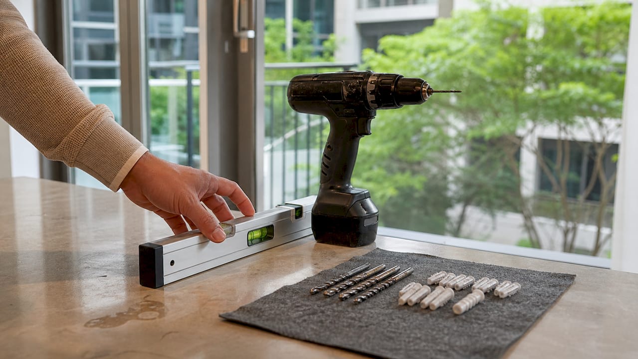 Flat lay of blinds installation tools on kitchen counter