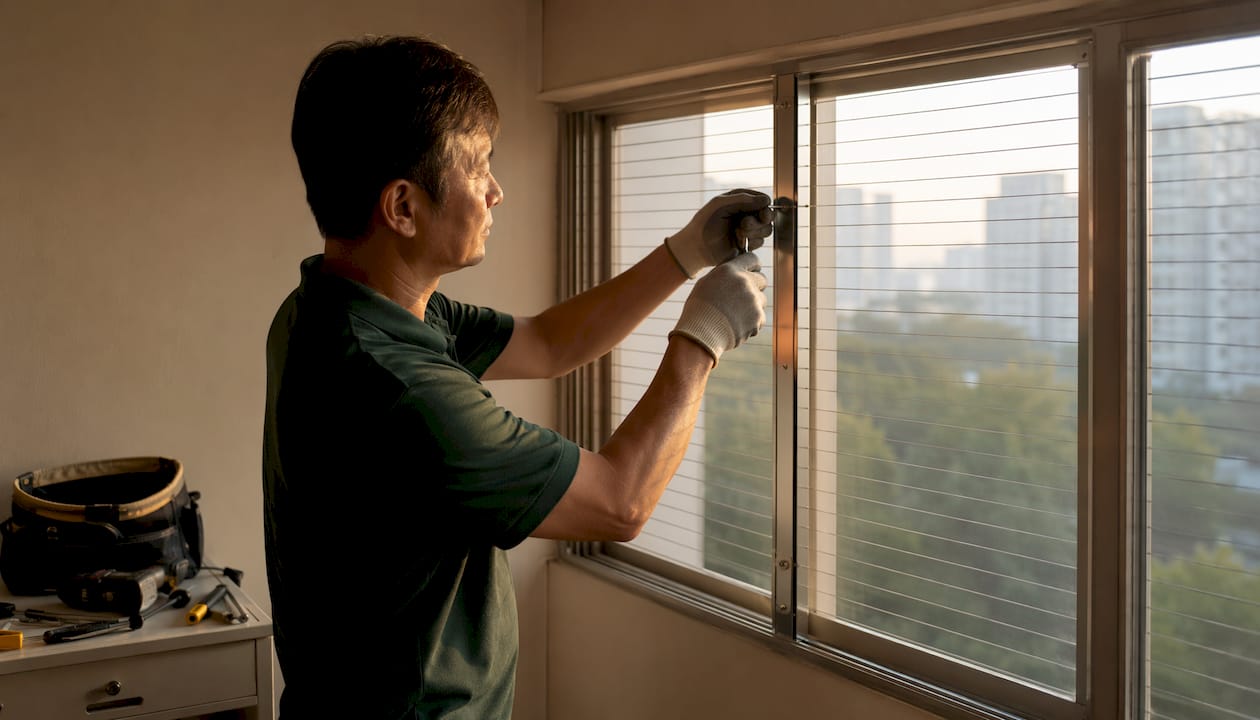 Technician installing certified invisible grille indoors