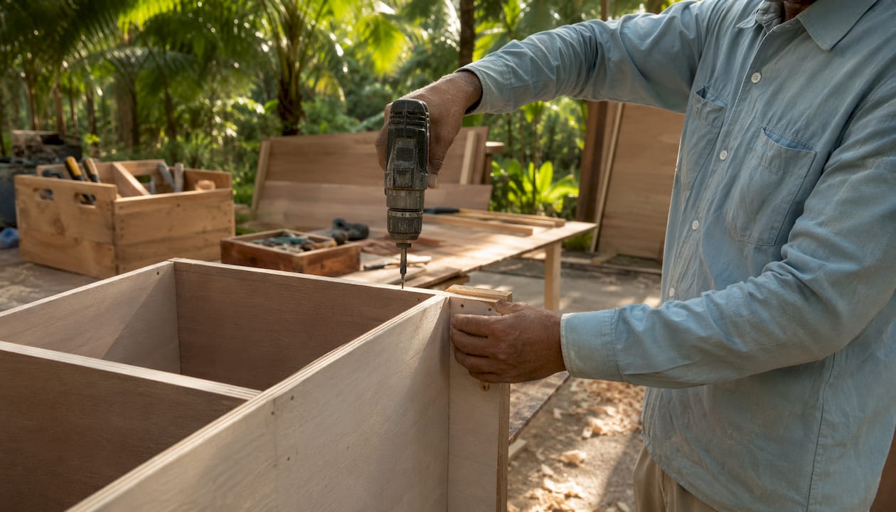 Hands assembling plywood kitchen cabinets in workshop