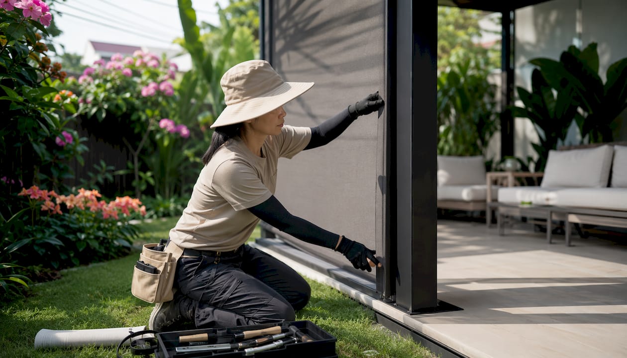 Installer fitting ZipBlind on outdoor pergola