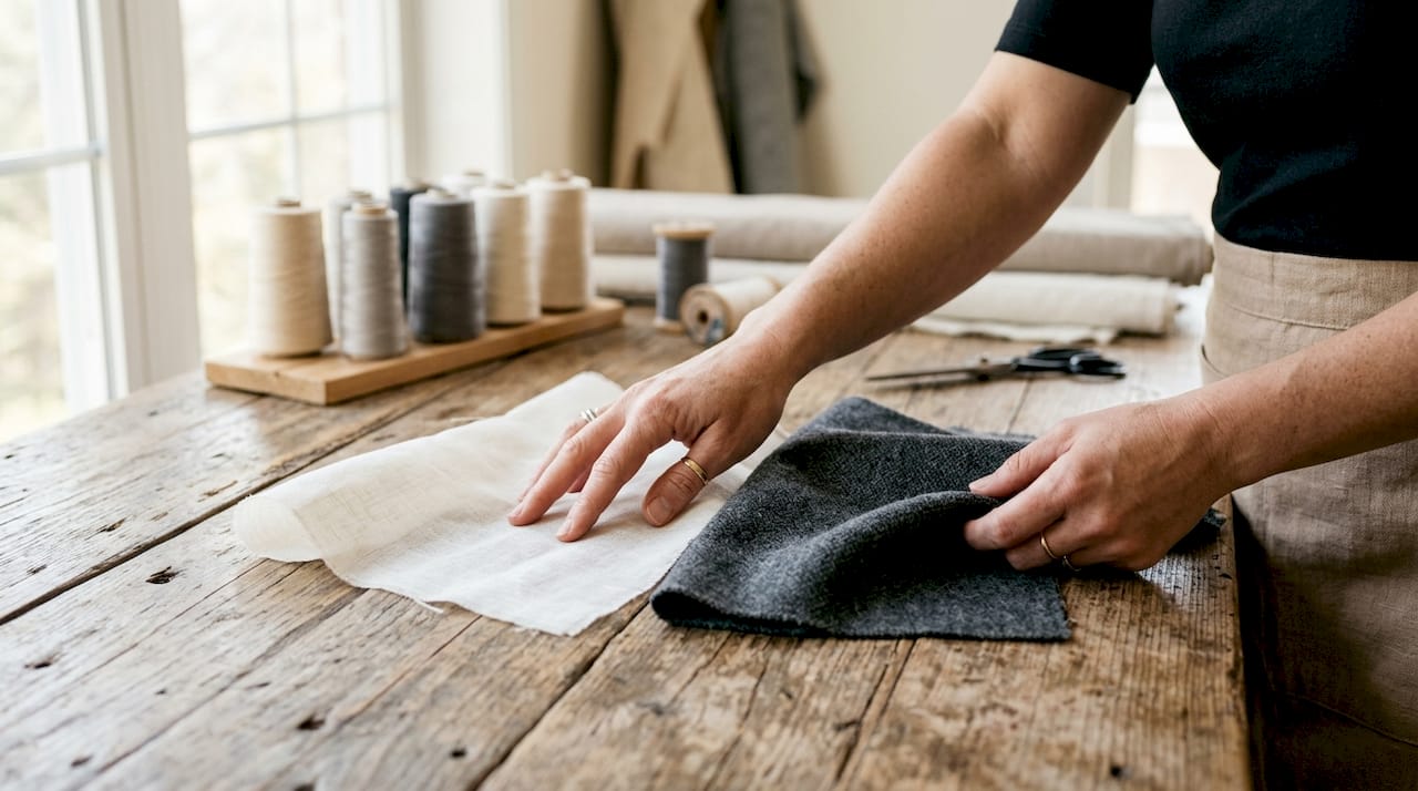 Hands comparing two curtain fabric swatches