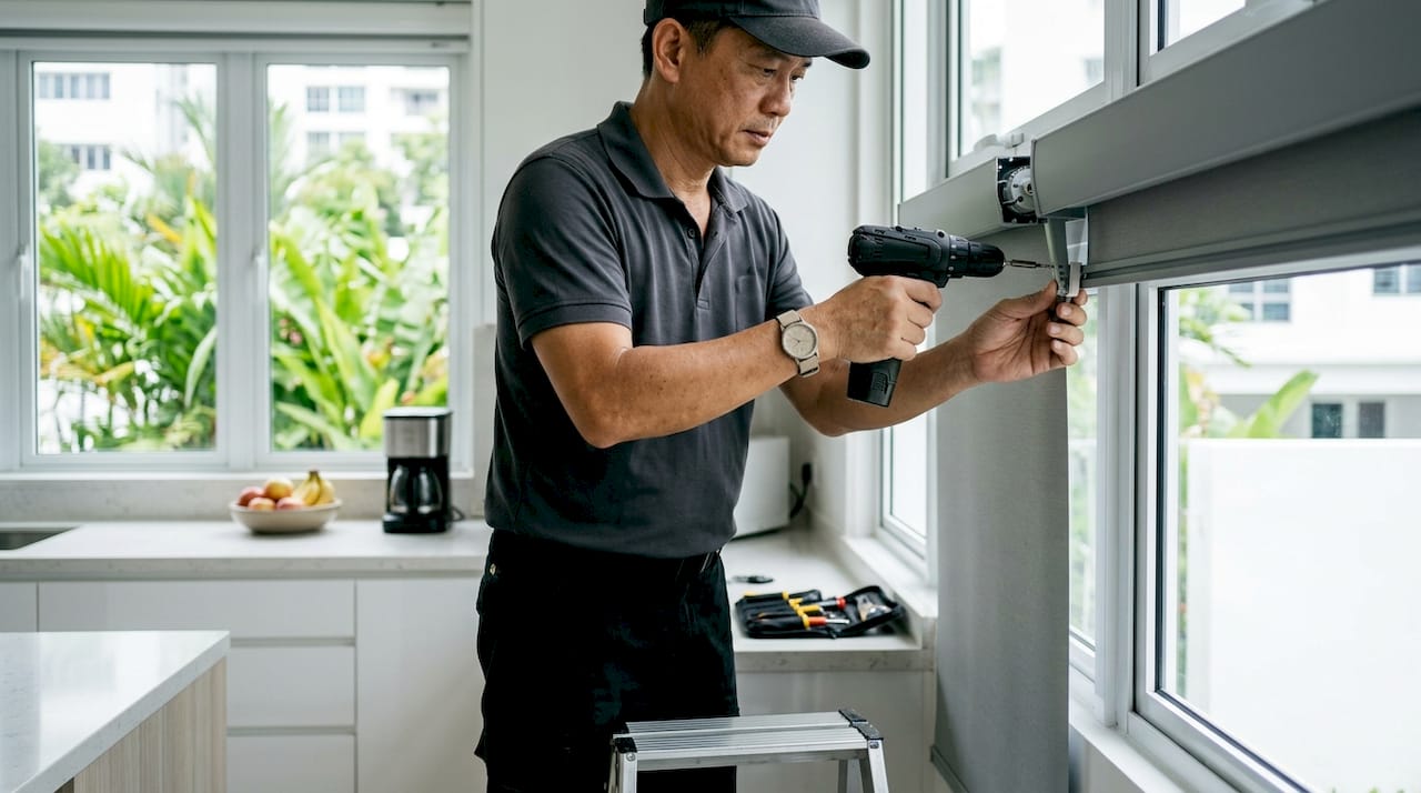 Technician installing motorized zip blind