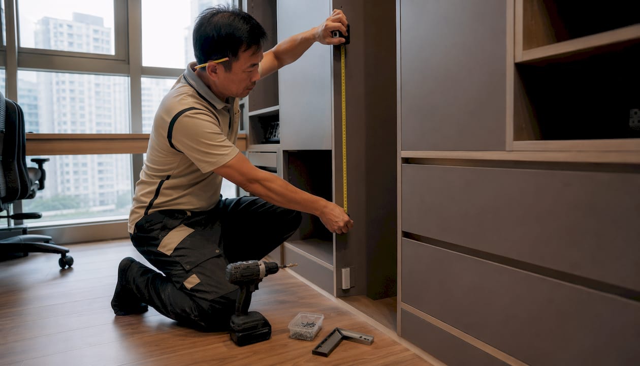 Carpenter measuring full height cabinet installation