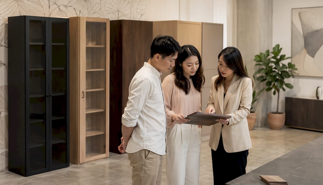 Couple inspecting full height cabinets at showroom