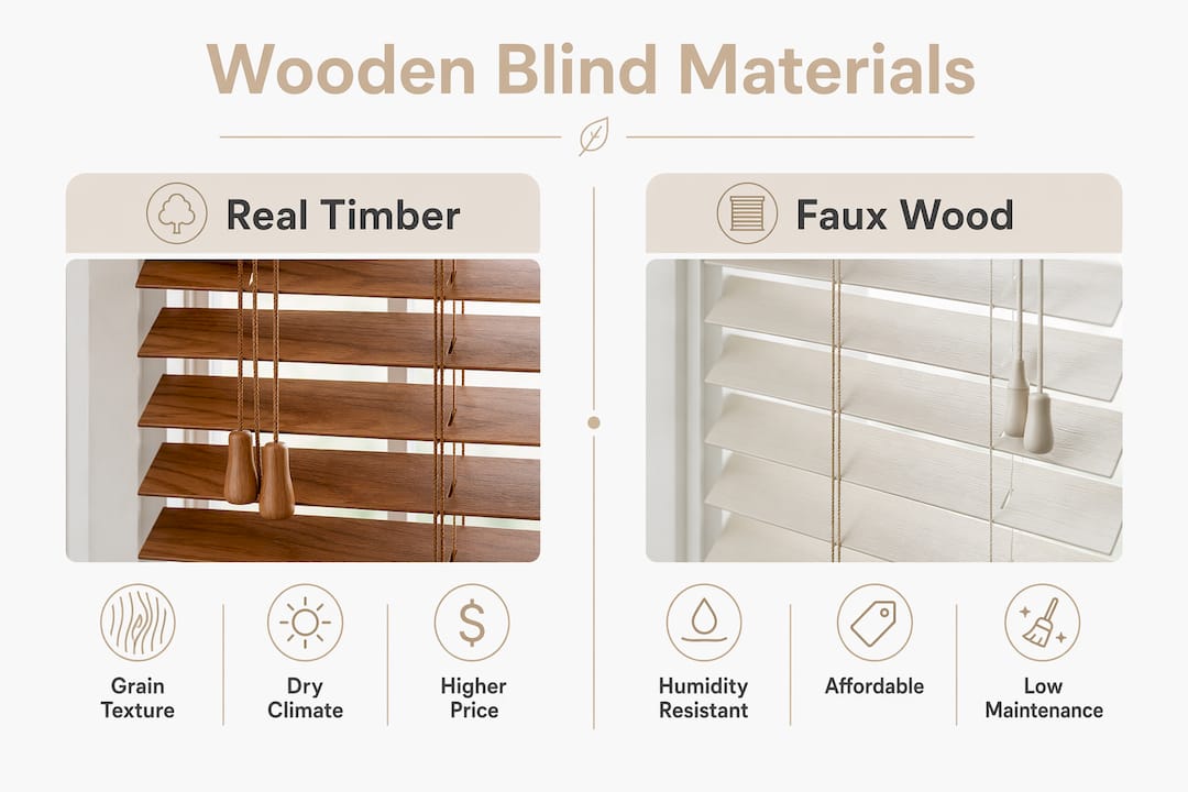 Infographic comparing real timber and faux wood blinds