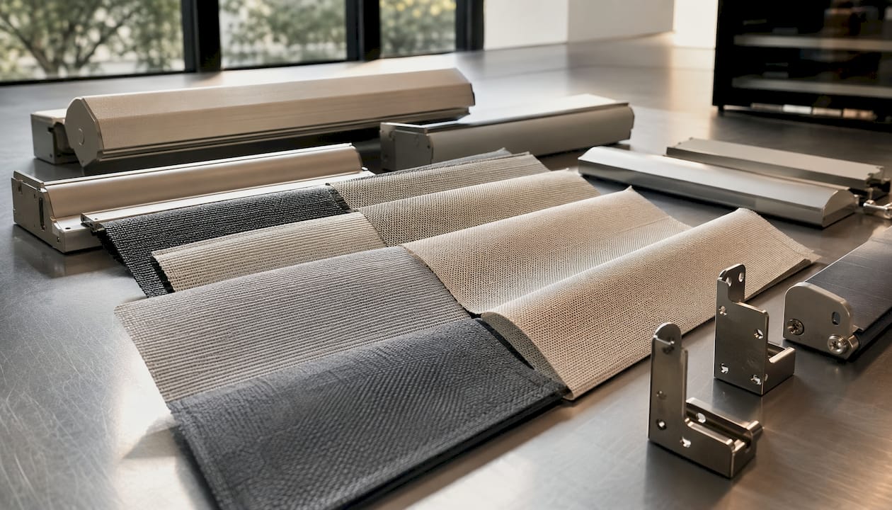 Close-up of roller blind fabric and hardware samples