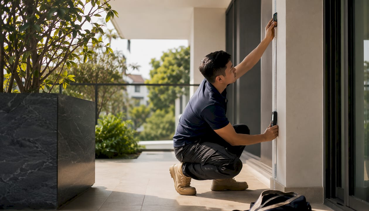 Installer measuring balcony for roller blind fitting