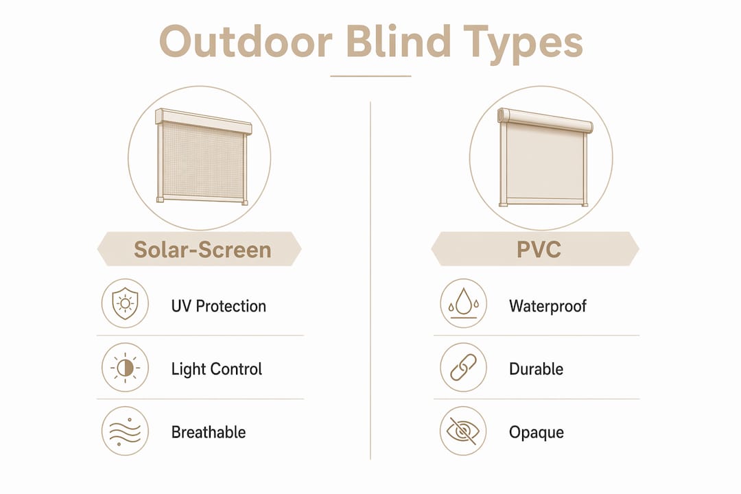 Infographic comparing solar-screen and PVC outdoor blinds