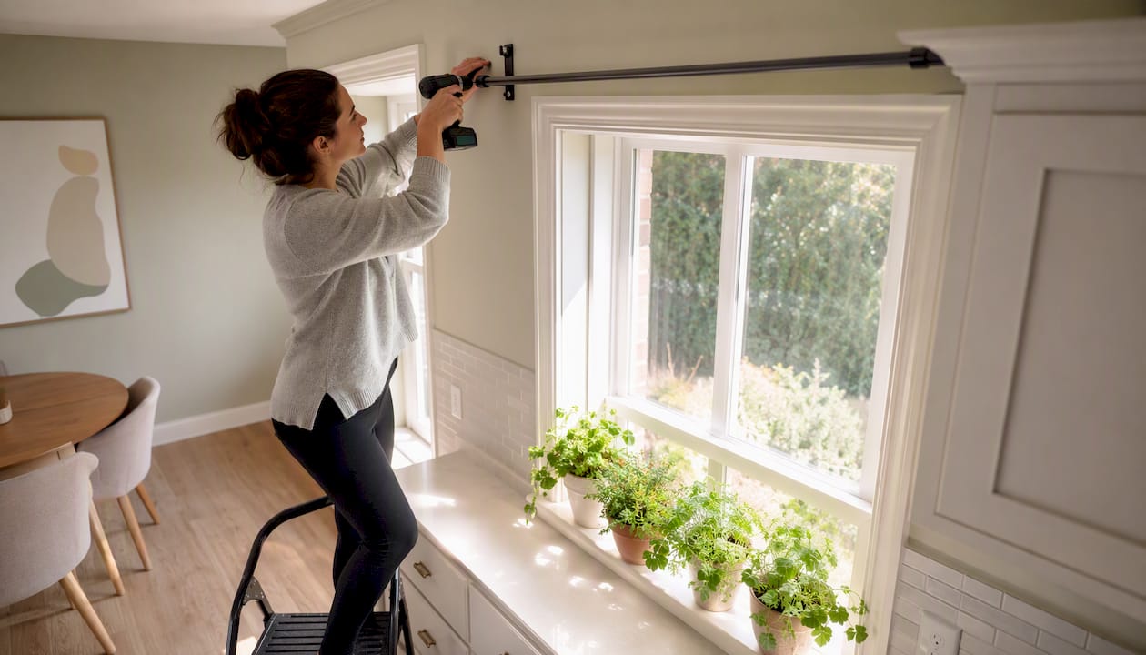 Interior decorator installing curtain rod in bedroom