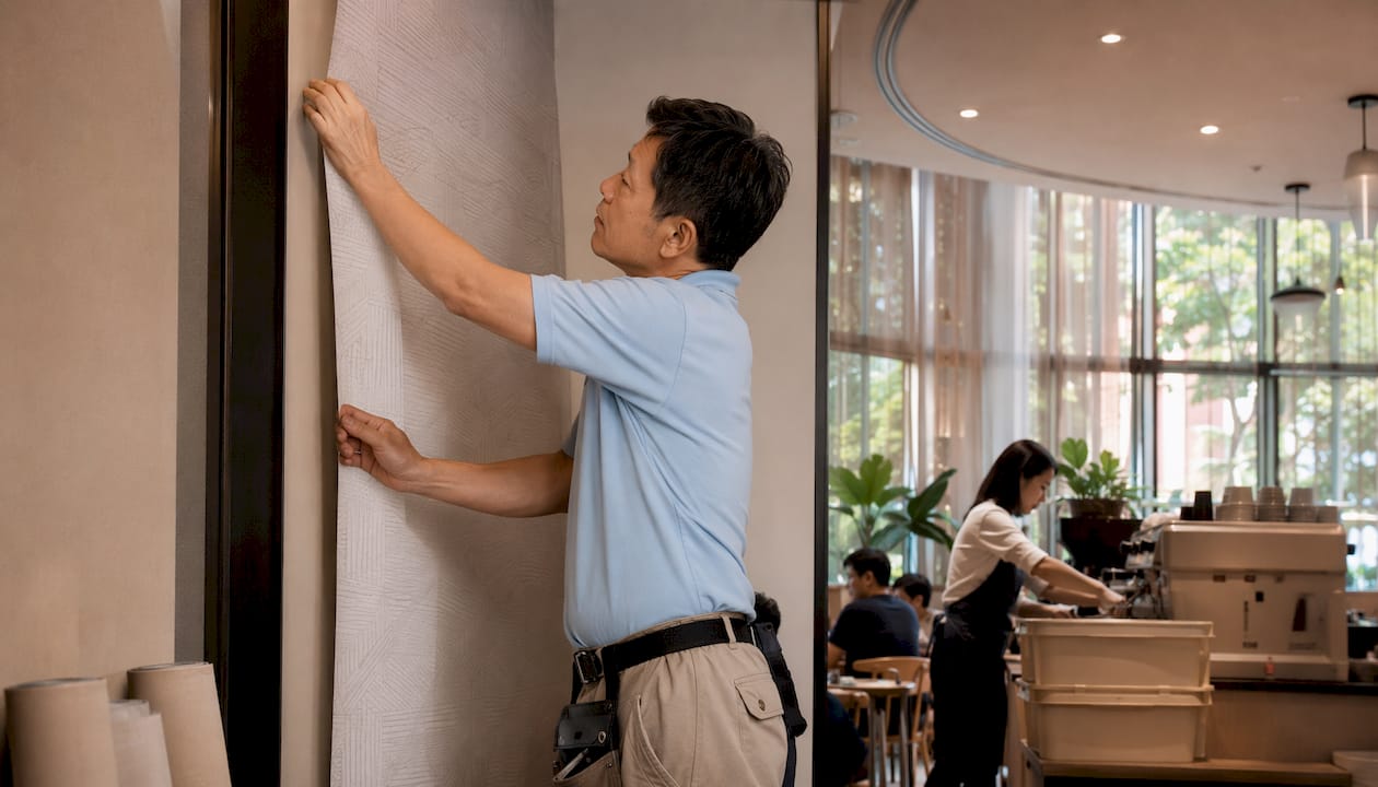 Installer measuring wall for wallpaper fitting