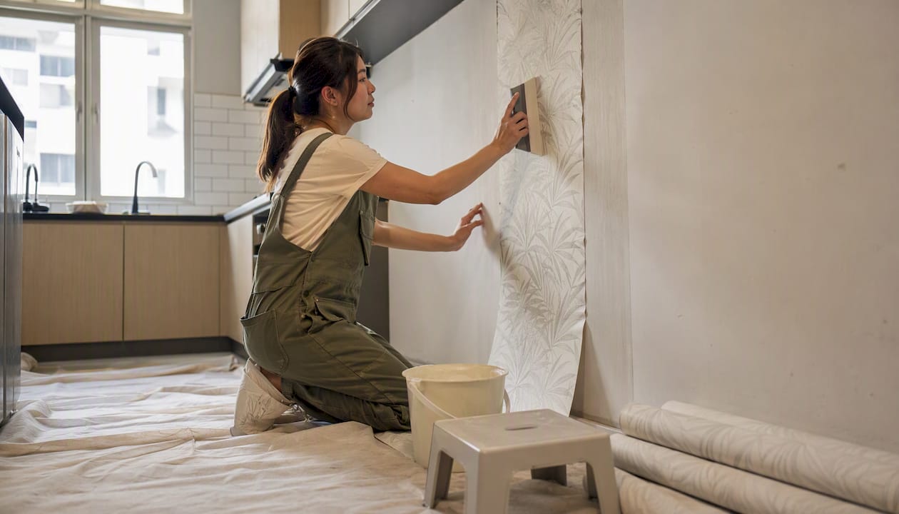 Wallpaper installer applying wallpaper in bedroom