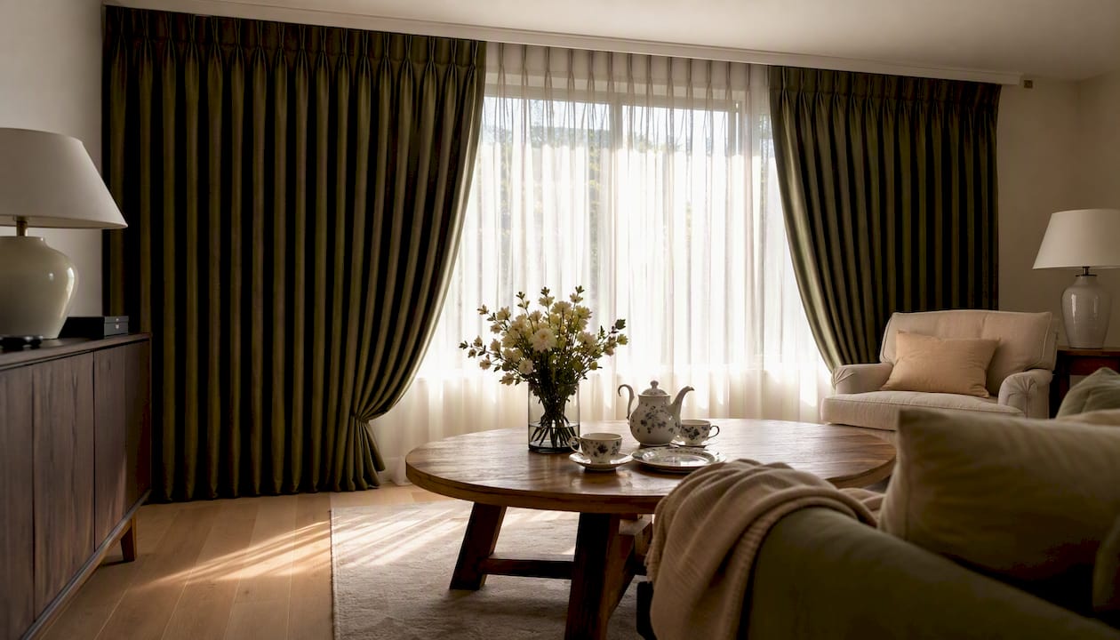 Formal dining room with navy pinch pleat curtains