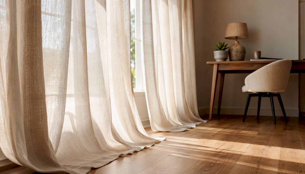 Close-up of S-fold curtain wave pleats in bedroom