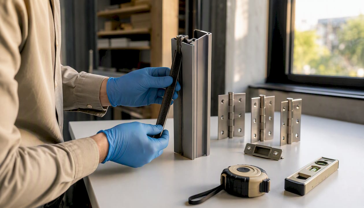 Technician holding fire-rated door hardware components
