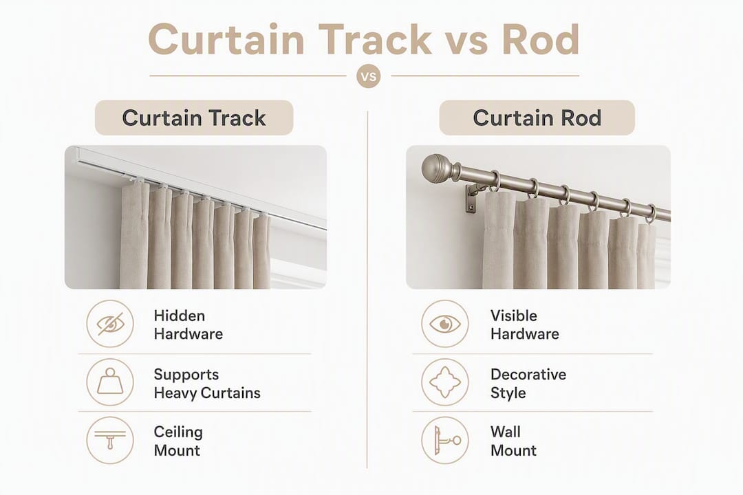 Infographic comparing curtain tracks and rods