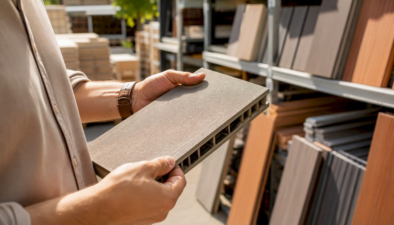 Hands inspecting PVC decking board close-up