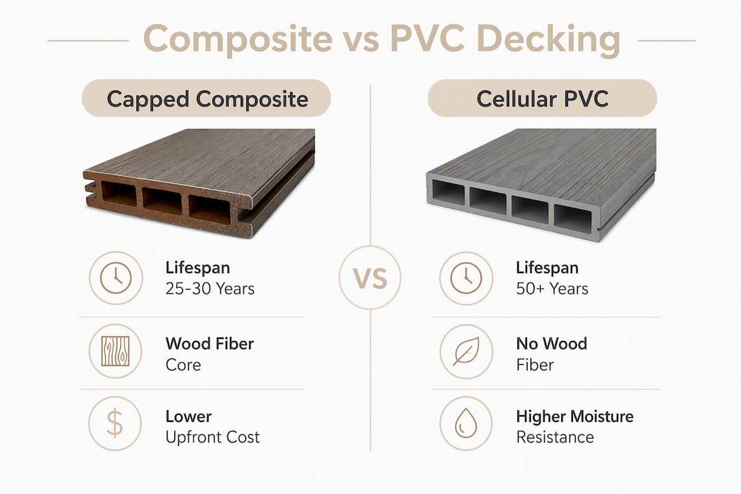 Infographic comparing composite and PVC decking features
