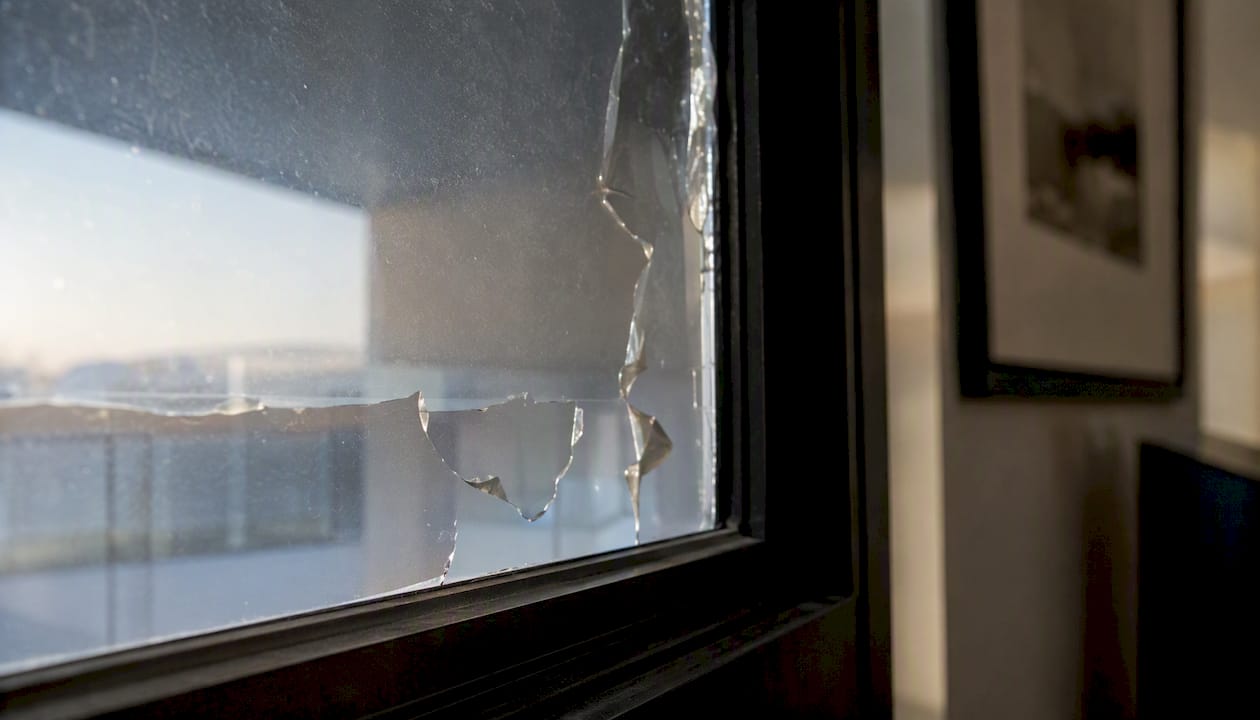 Window showing peeling and delaminated UV film damage