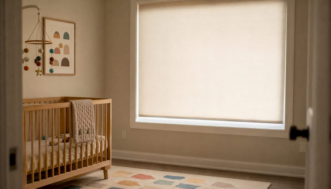 Nursery with cordless roller shades uplifted