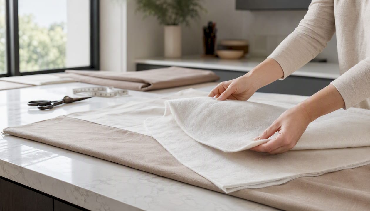 Hands applying interlining fabric between curtain layers