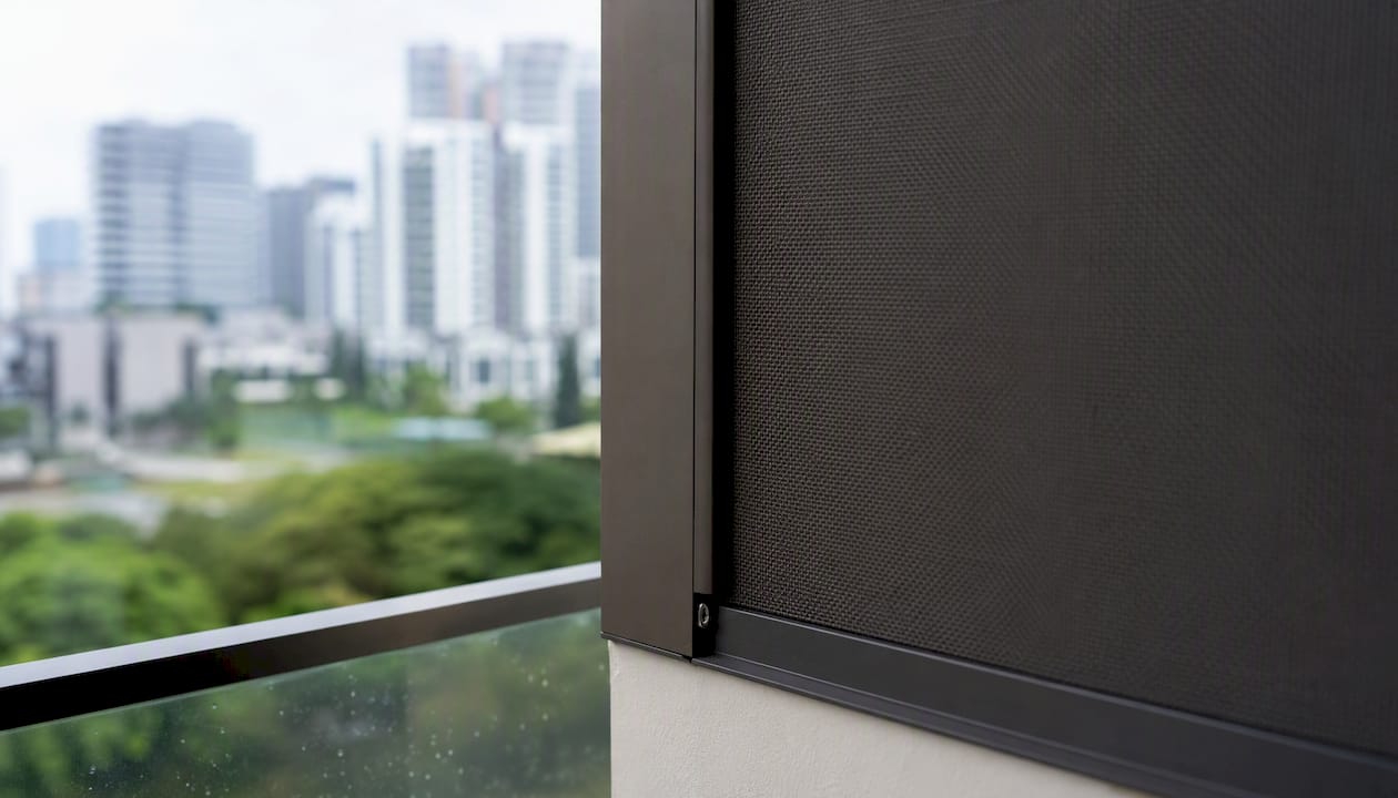 Zip-track sealed side channel on balcony blind
