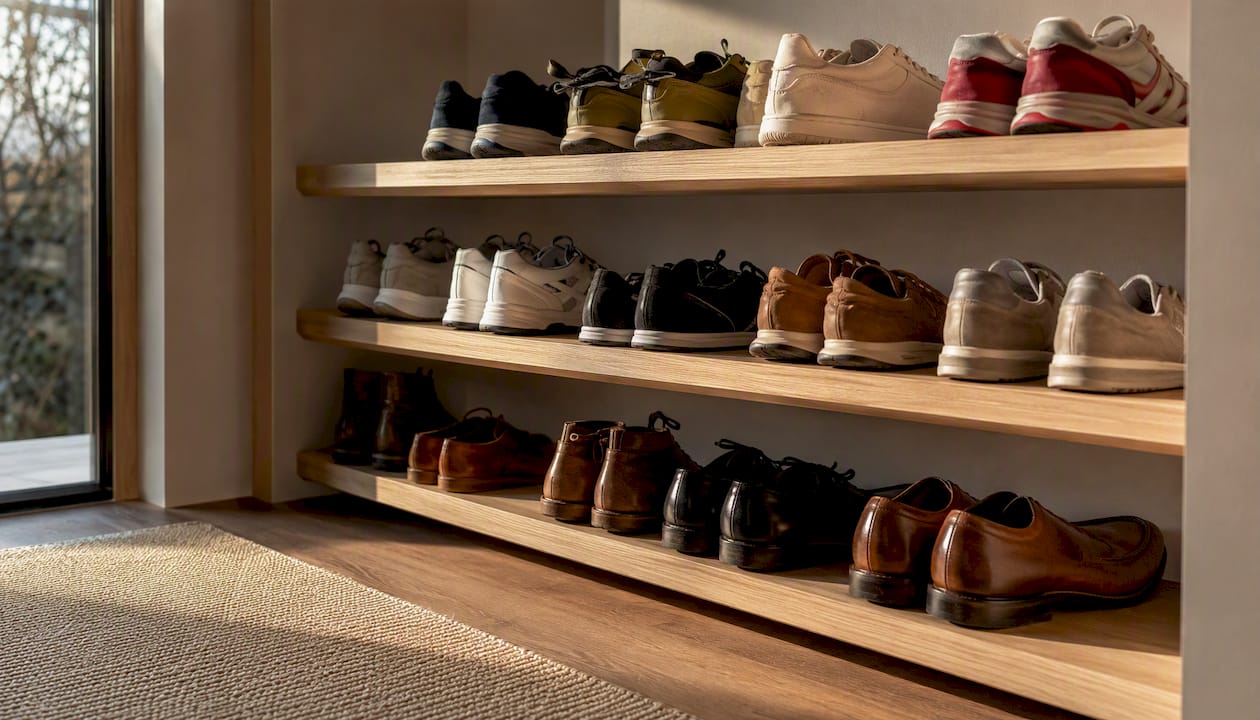 Open shoe rack with mixed shoes in hallway