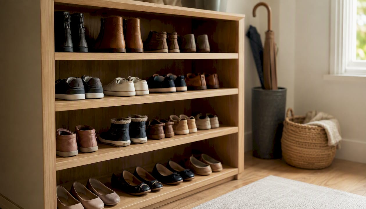 Different shoe types arranged on shelves showing depth differences