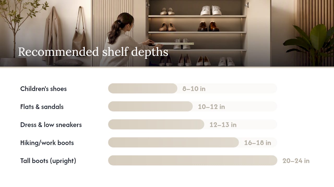 Diagram showing shoe cabinet depth recommendations by shoe type