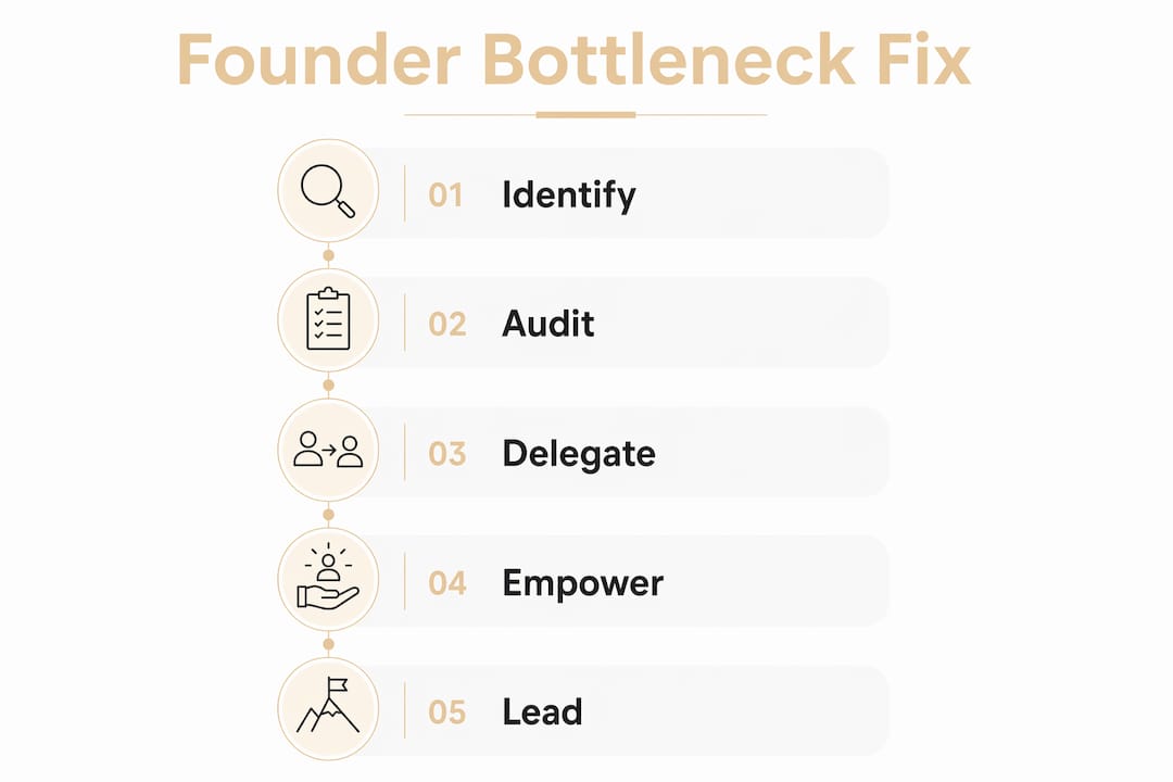 Infographic illustrating 5-step founder bottleneck solution