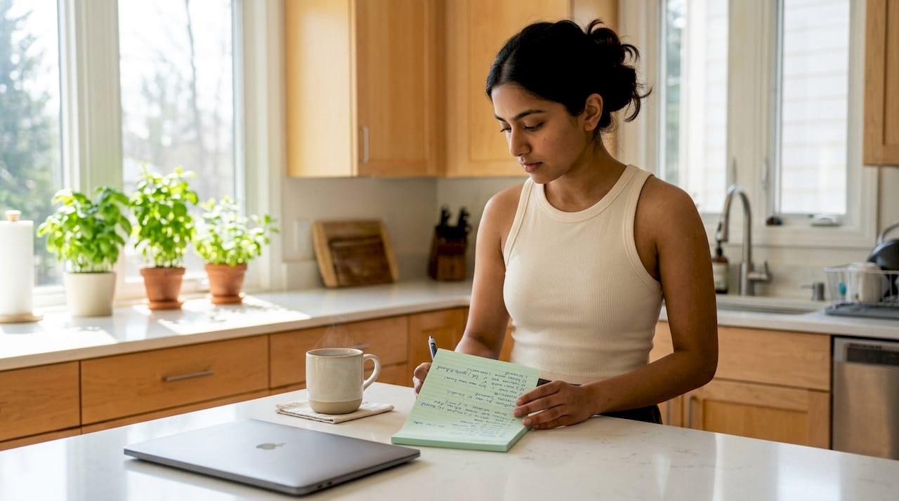 Founder reviewing weekly task list at home desk