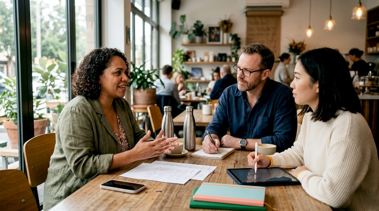 Group discussing business coaching methods in office