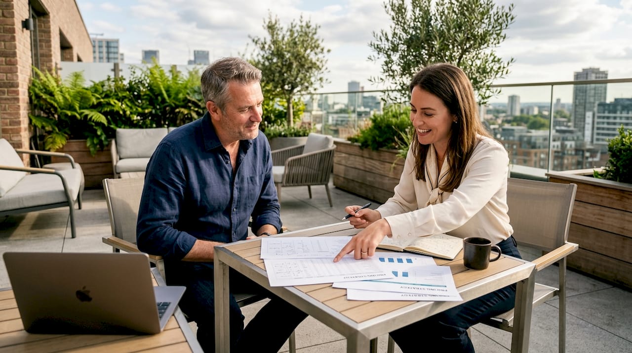 Coach and client reviewing pricing strategy documents