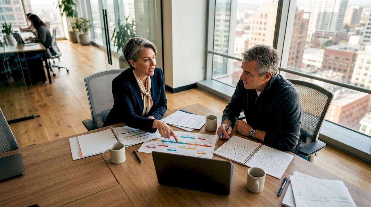 Business partners discussing quarterly goals