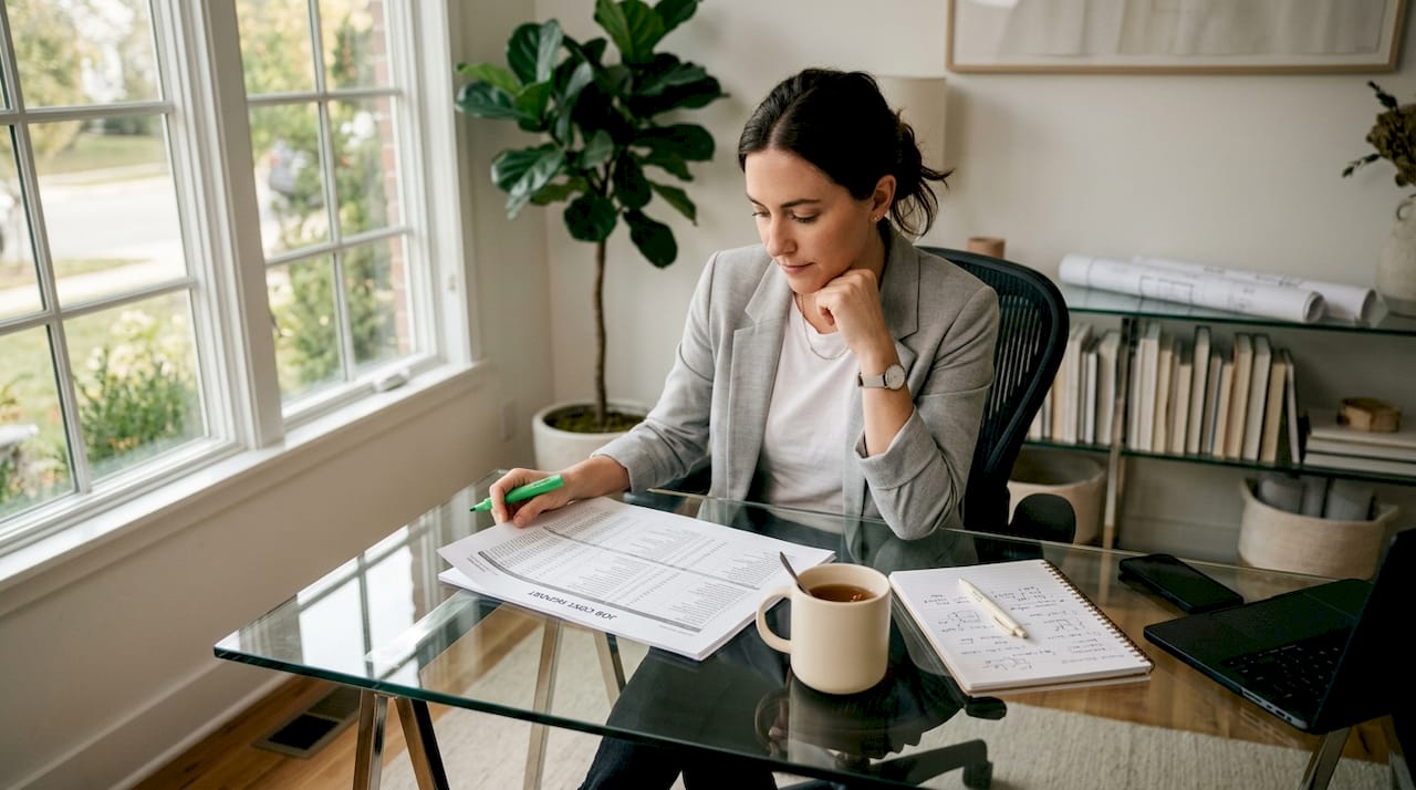 Hands reviewing job cost reports on desk