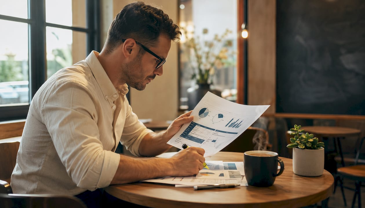 Hands holding business dashboard report