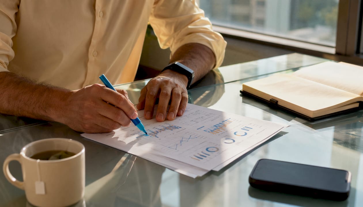 Close-up hands annotating performance KPI report